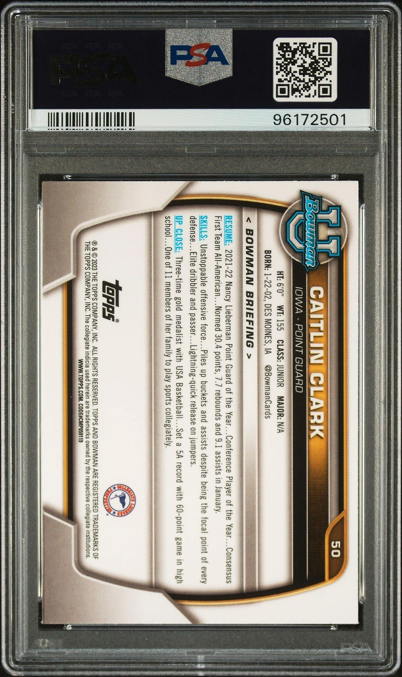 2022 Bowman Chrome University 50 Caitlin Clark Pink Refractor PSA