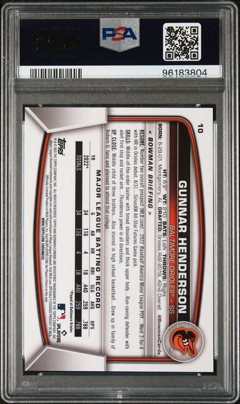 2023 Bowman Chrome Sapphire Edition 10 Gunnar Henderson Aqua PSA 10