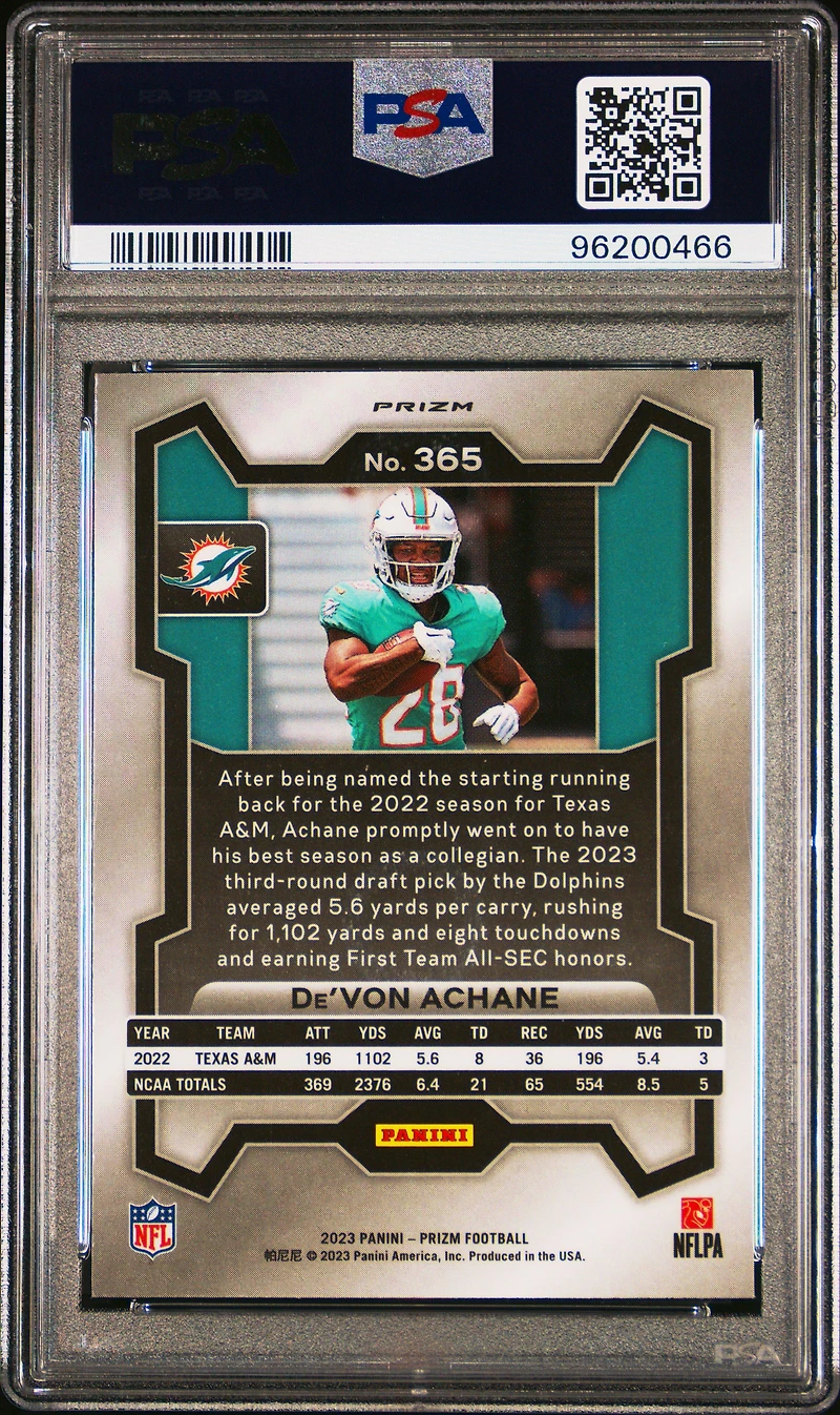 2023 Panini Prizm 365 De'von Achane Neon Green Pulsar PSA 10