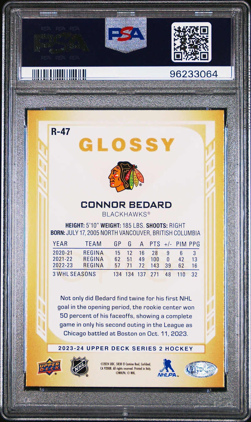 2023 Upper Deck Opc Glossy R47 Connor Bedard Gold PSA 9