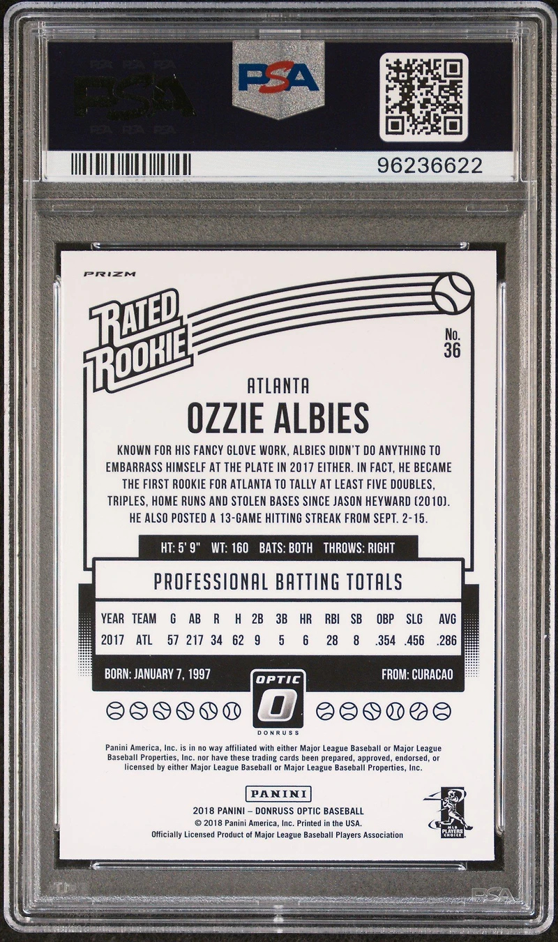 2018 Panini Donruss Optic 36 Ozzie Albies Variation-purple PSA 10