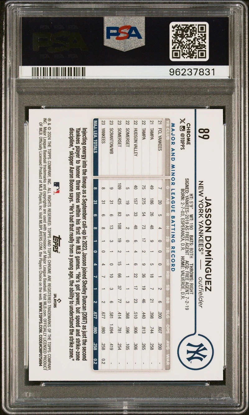 2024 Topps Chrome 89 Jasson Dominguez PSA 10