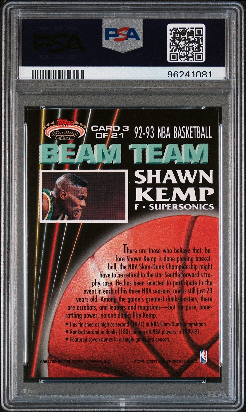 1992 Stadium Club Beam Team 3 Shawn Kemp PSA 9