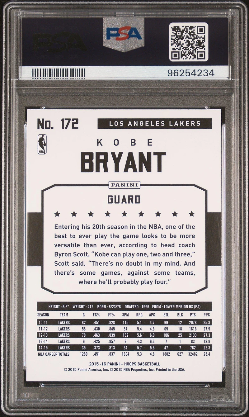 2015 Panini Hoops 172 Kobe Bryant PSA 9