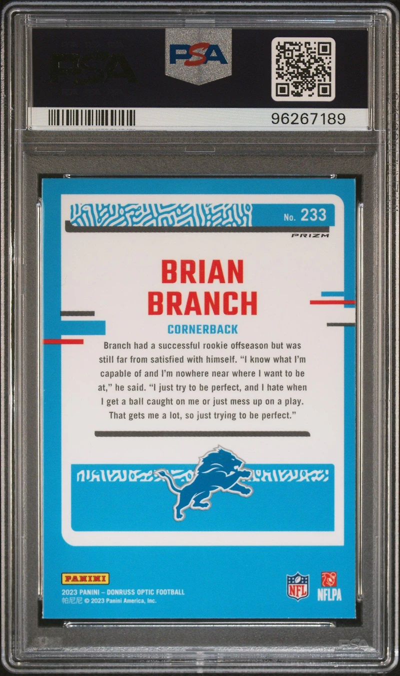 2023 Panini Donruss Optic 233 Brian Branch Purple Shock PSA 10