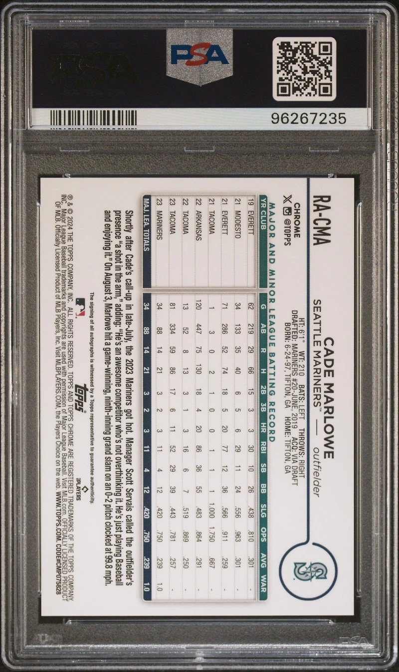 2024 Topps Chrome Rookie Autographs Racma Cade Marlowe PSA 10