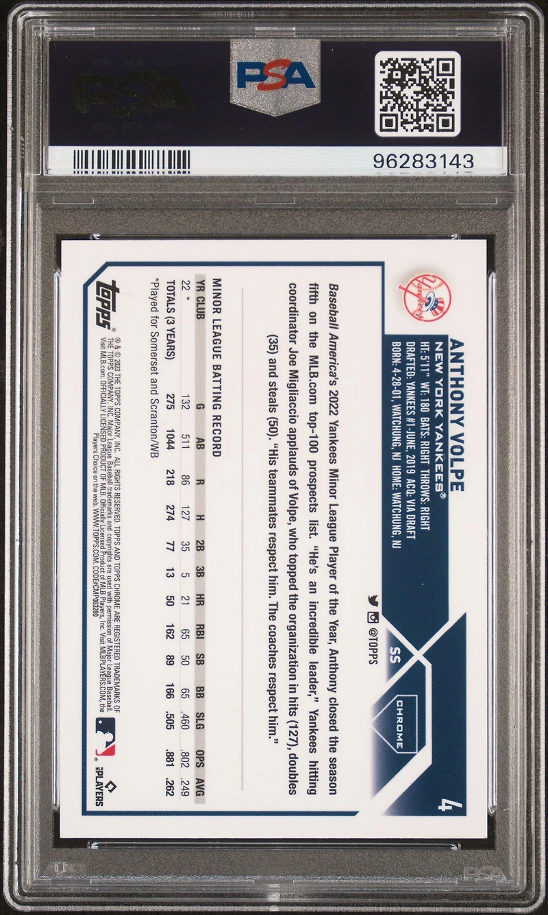 2023 Topps Chrome Logofractor Edition 4 Anthony Volpe Yellow Refractor PSA 10