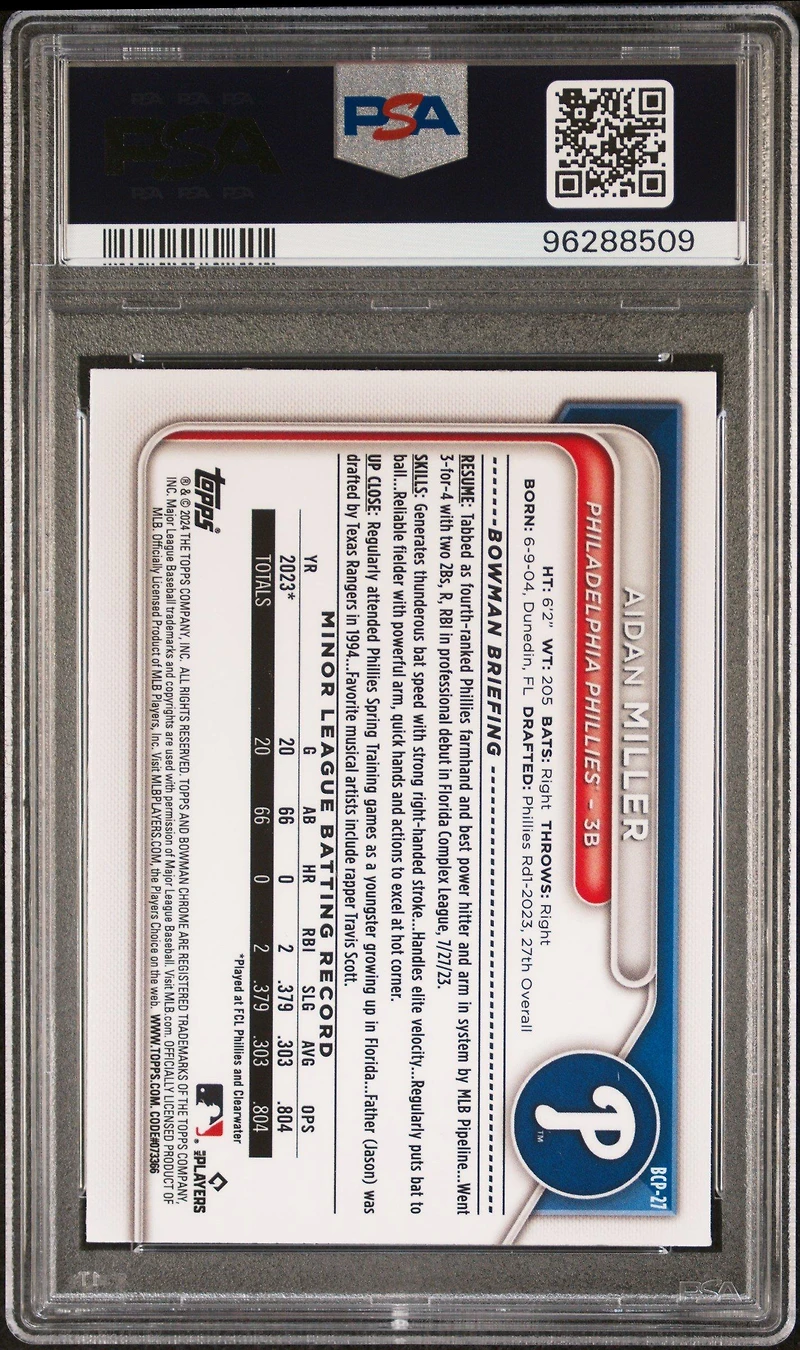 2024 Bowman Mega Box Chrome Prospects 27 Aidan Miller Gold Refractor PSA 10