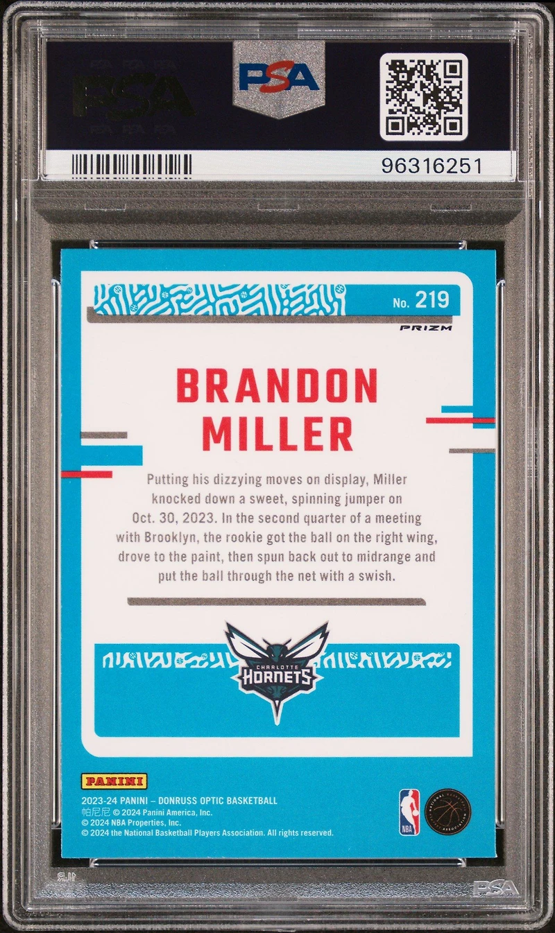 2023 Panini Donruss Optic 219 Brandon Miller Holo PSA 10