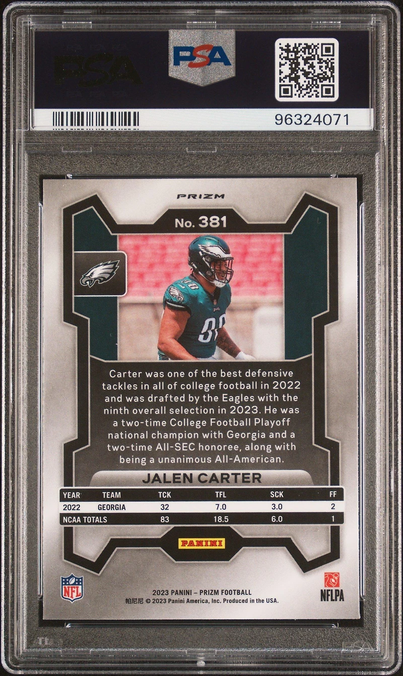 2023 Panini Prizm 381 Jalen Carter Green Prizm PSA 9