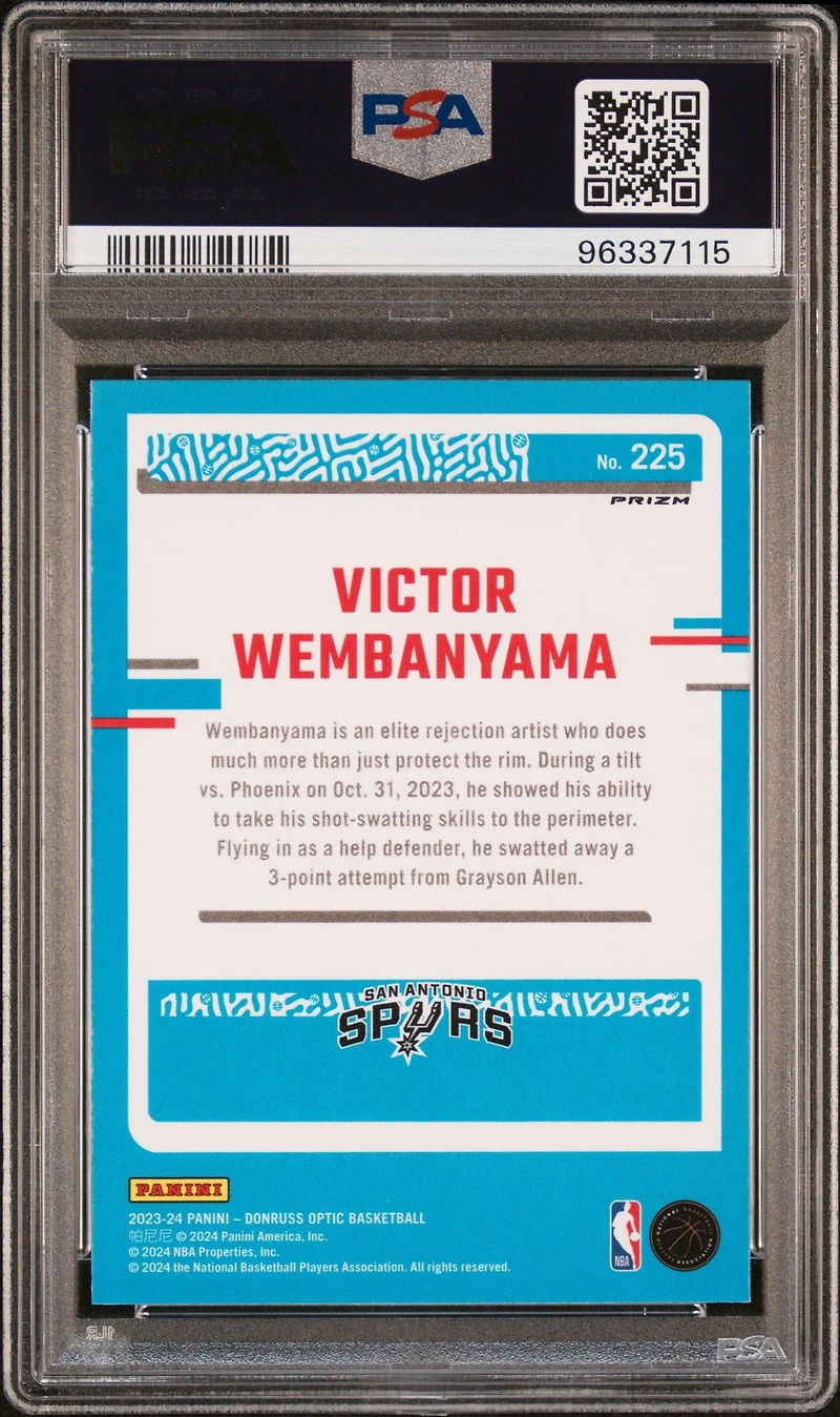 2023 Panini Donruss Optic 225 Victor Wembanyama Hyper Green PSA