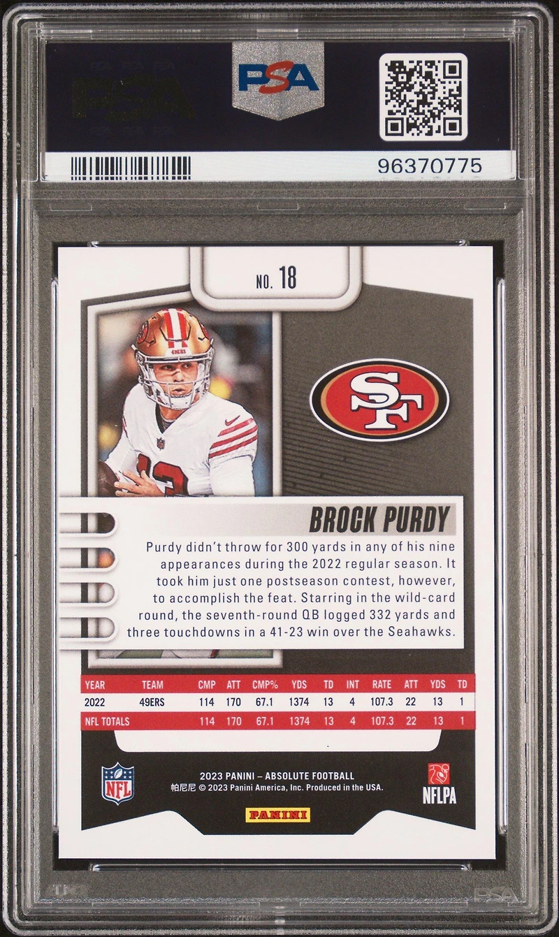 2023 Panini Absolute 18 Brock Purdy Orange Mosaic PSA 10