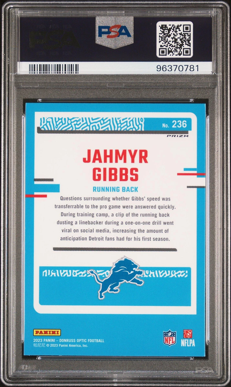2023 Panini Donruss Optic 236 Jahmyr Gibbs Green Velocity PSA 10