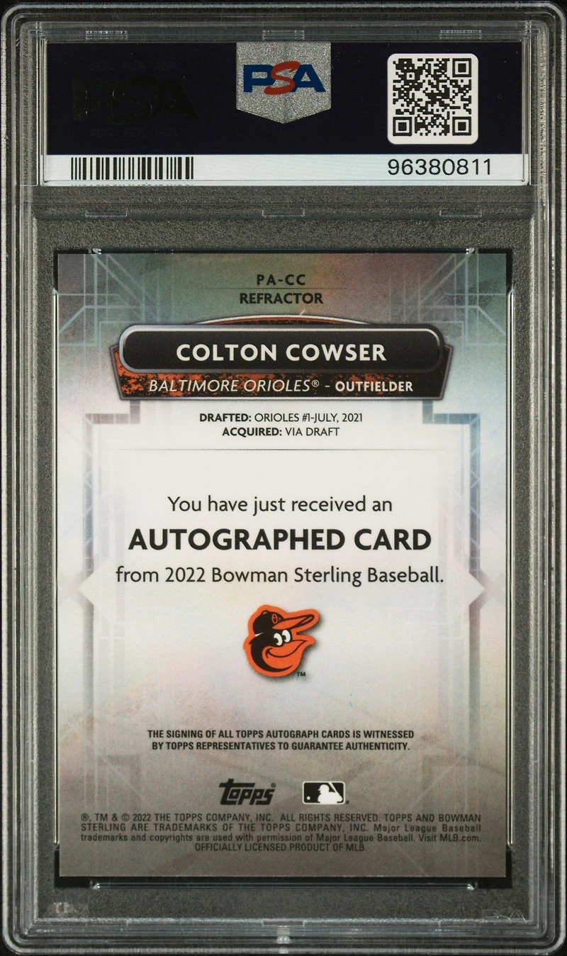 2022 Bowman Sterling Prospect Autographs Pacc Colton Cowser Refractor PSA 9