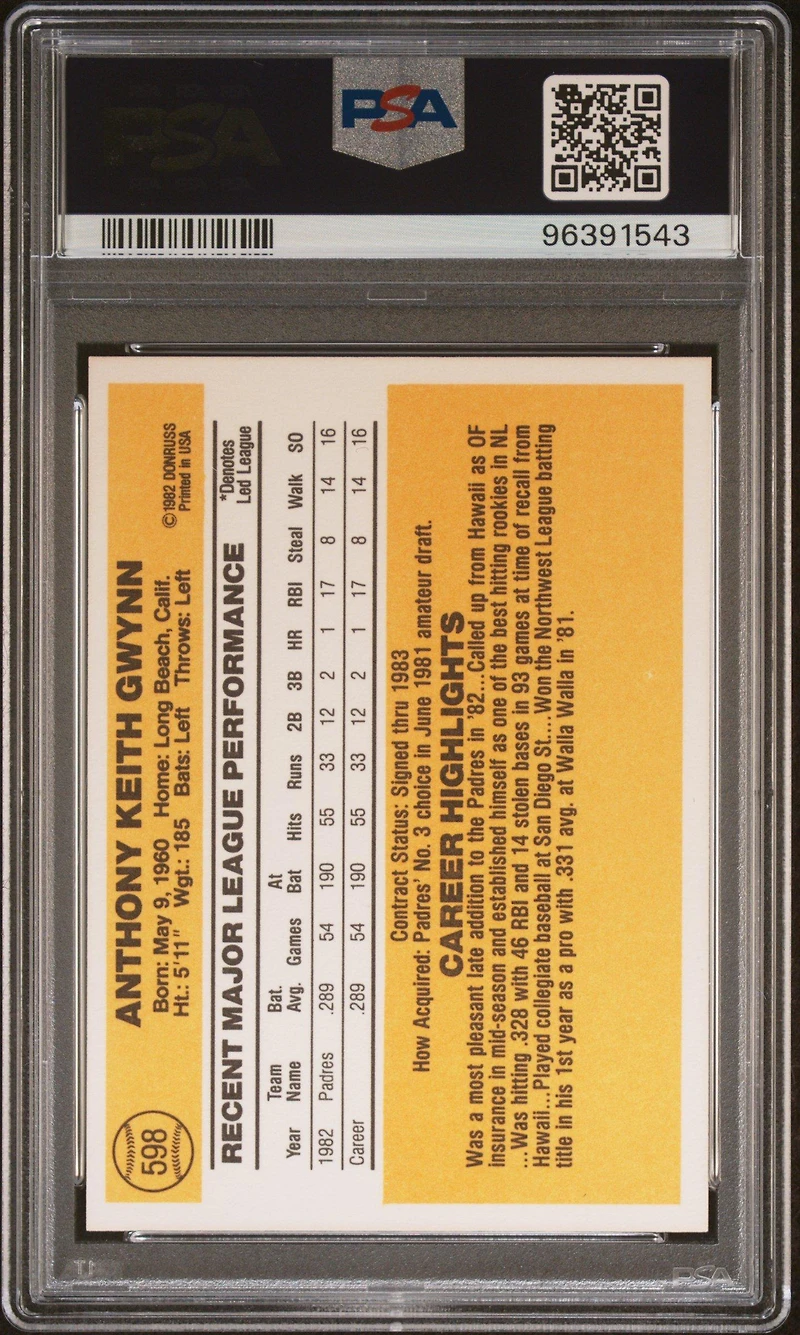 1983 Donruss 598 Tony Gwynn PSA 9