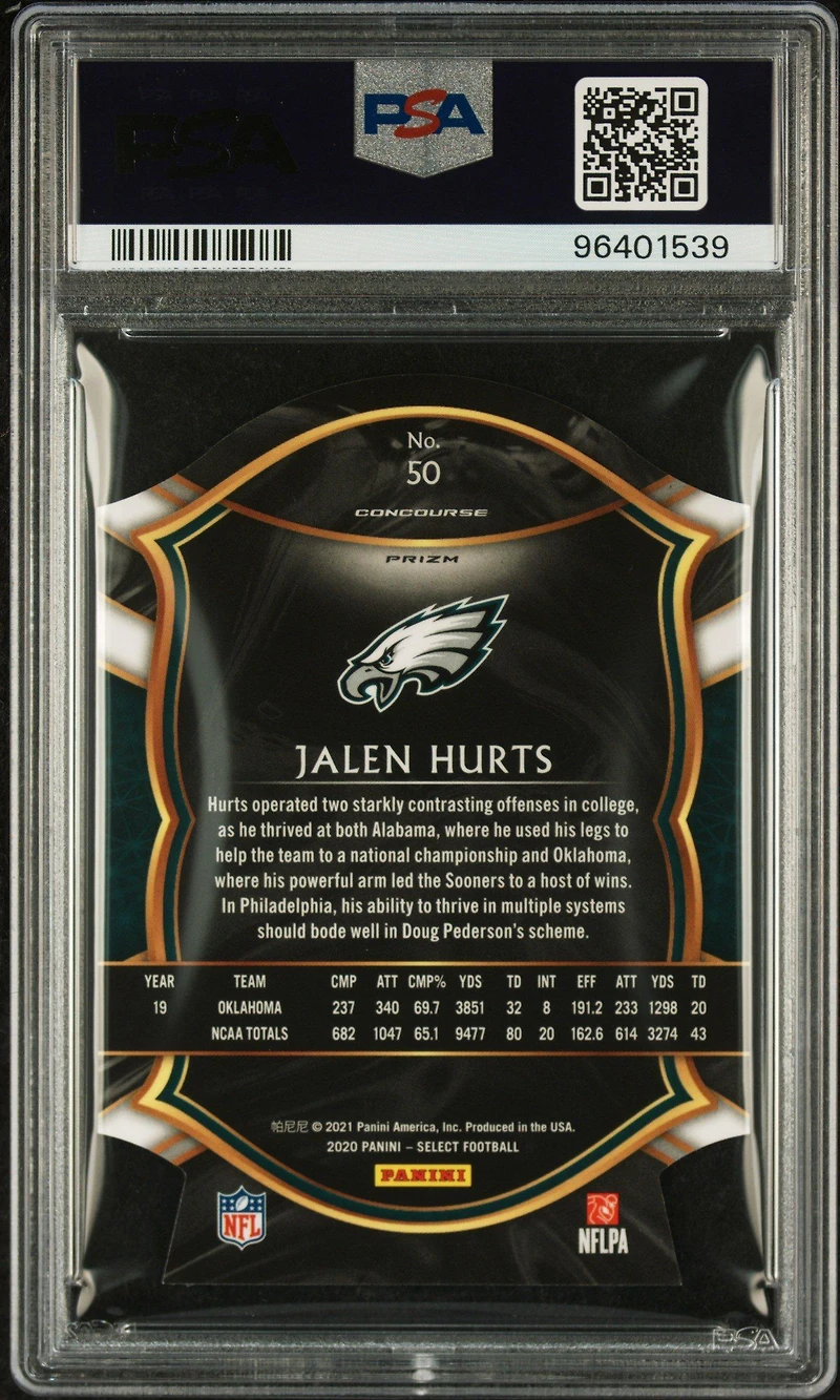 2020 Panini Select 50 Jalen Hurts Die-cut Light Blue Prizm PSA 10