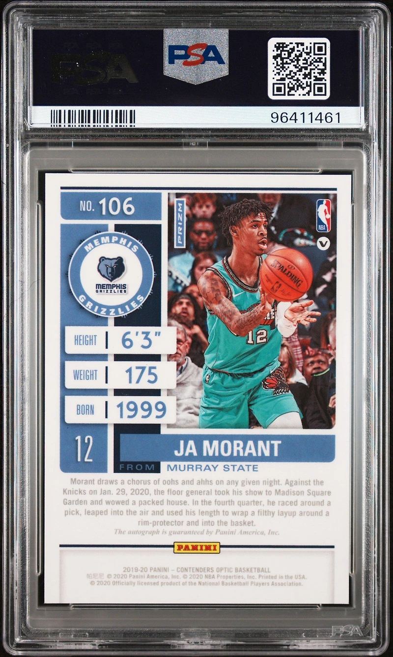 2019 Panini Contenders Optic 106 Ja Morant Sp-autograph PSA 9