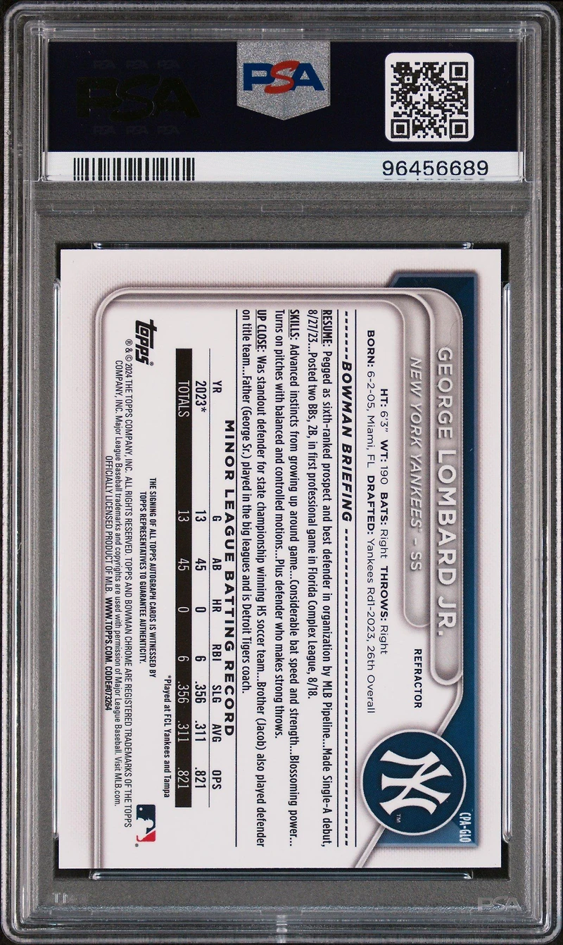 2024 Bowman Chrome Prospect Autographs Cpaglo George Lombard Jr. Refractor PSA 10