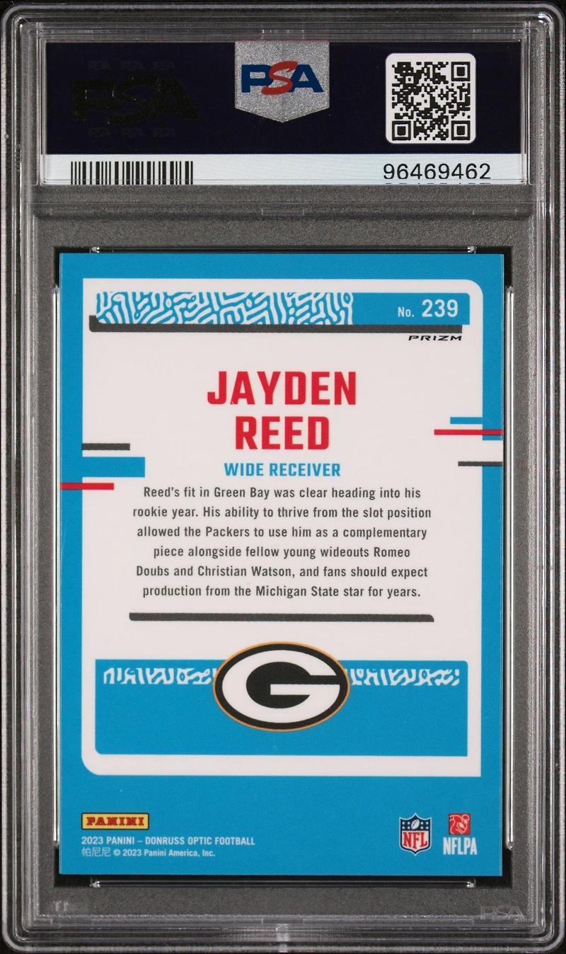 2023 Panini Donruss Optic 239 Jayden Reed Green Hyper PSA 9