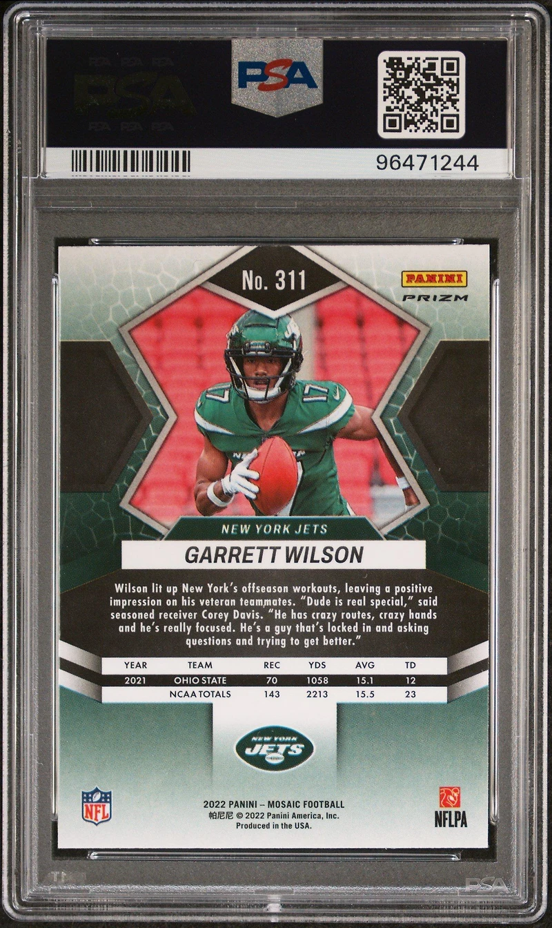 2022 Panini Mosaic 311 Garrett Wilson Red Sparkle PSA 10