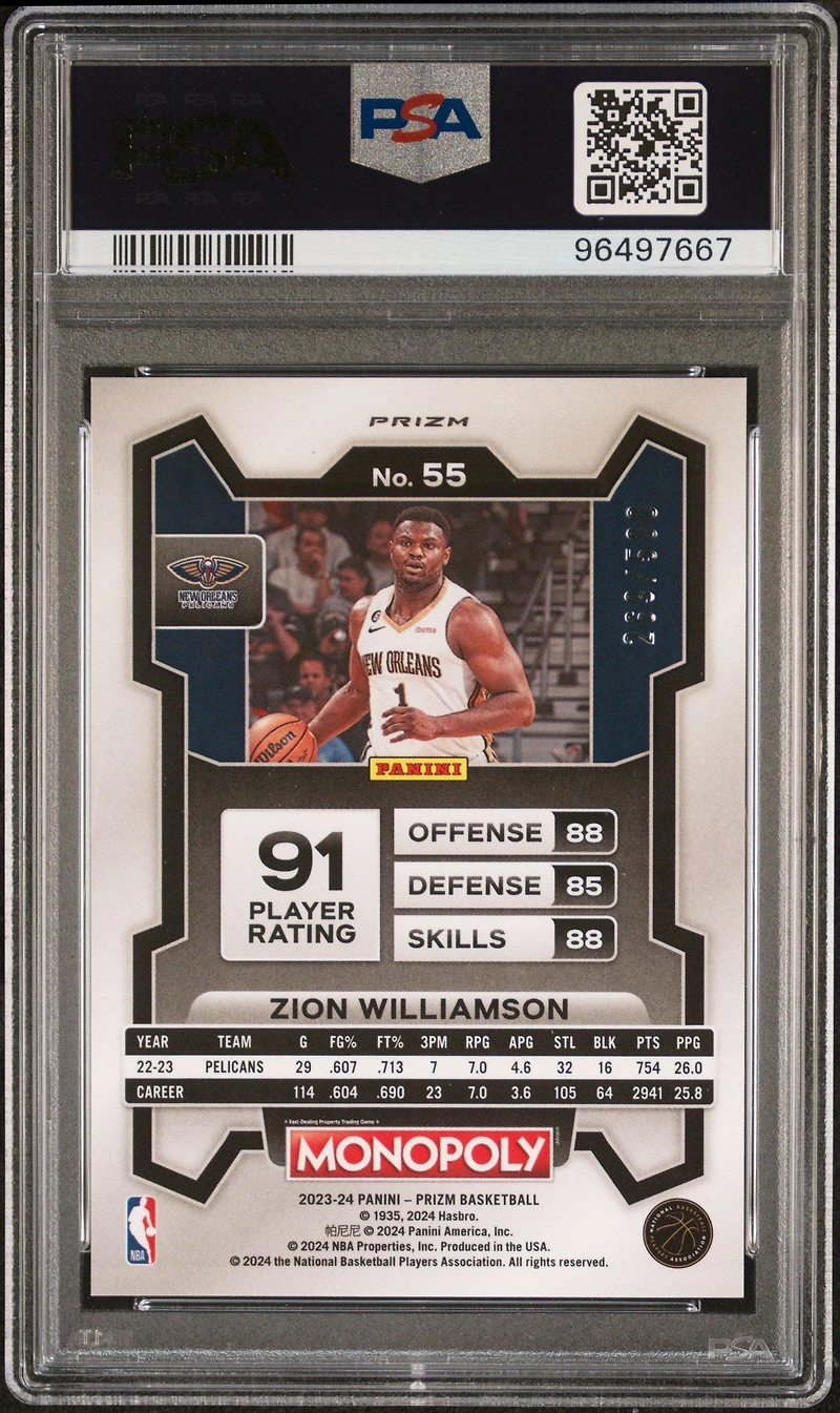 2023 Panini Prizm Monopoly 55 Zion Williamson Gold Millionaire Shimmer PSA 10