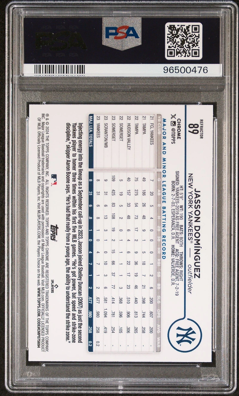 2024 Topps Chrome 89 Jasson Dominguez Refractor PSA 10