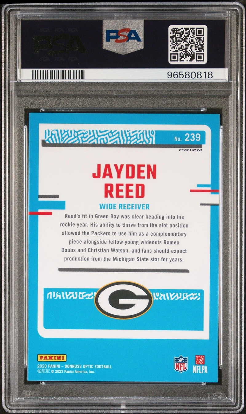 2023 Panini Donruss Optic 239 Jayden Reed Teal Velocity PSA 10