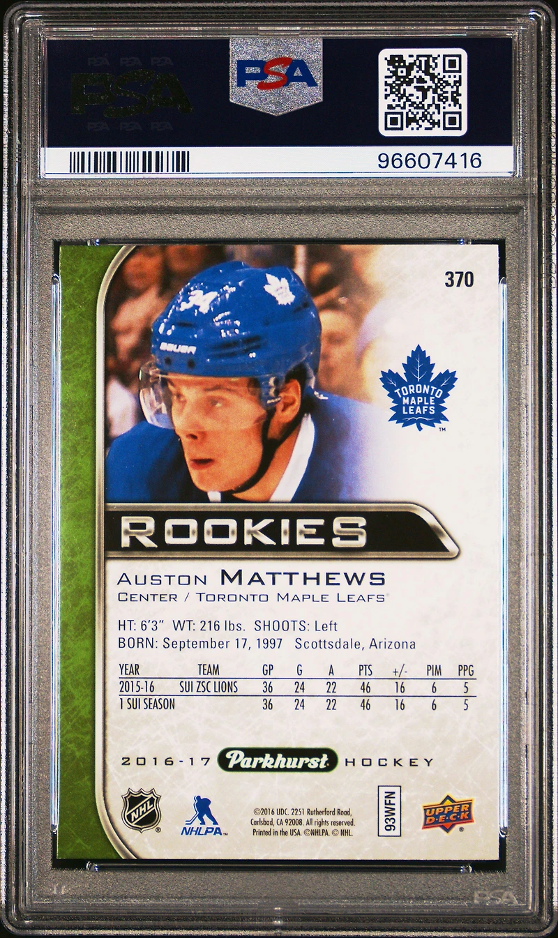 2016 Upper Deck Parkhurst 370 Auston Matthews PSA 9