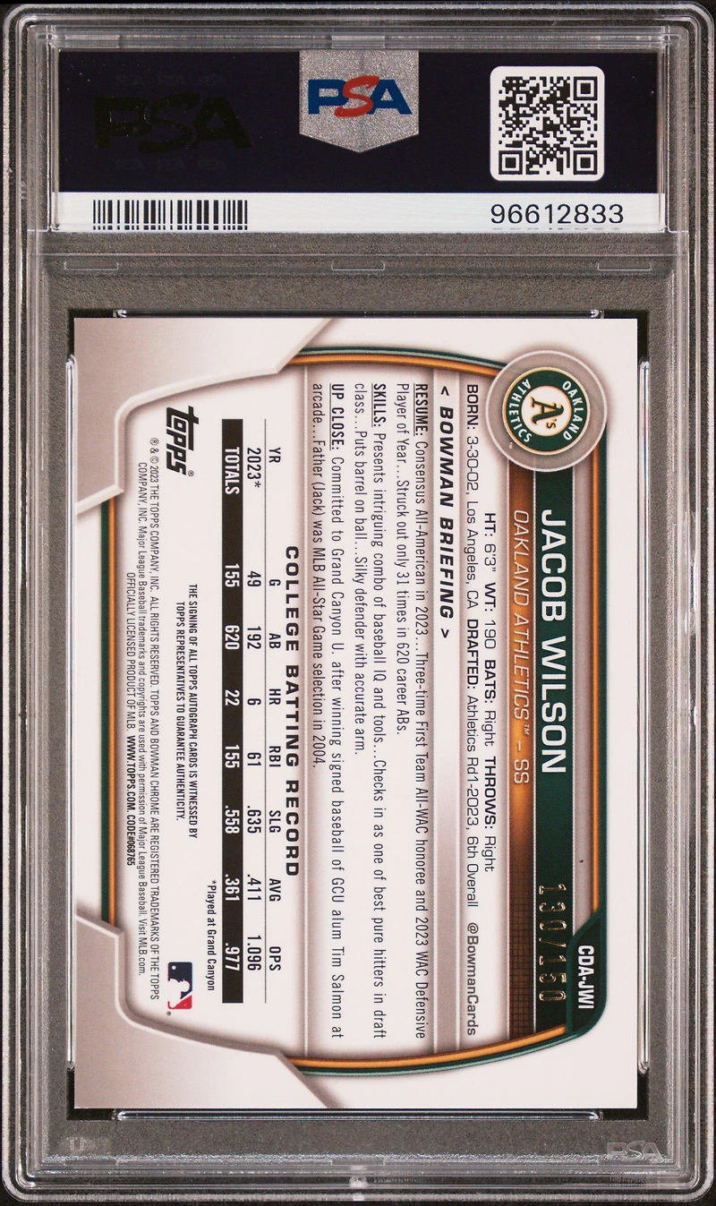 2023 Bowman Draft Chrome Prospect Autograph Cdajwi Jacob Wilson Hta Choice PSA 9