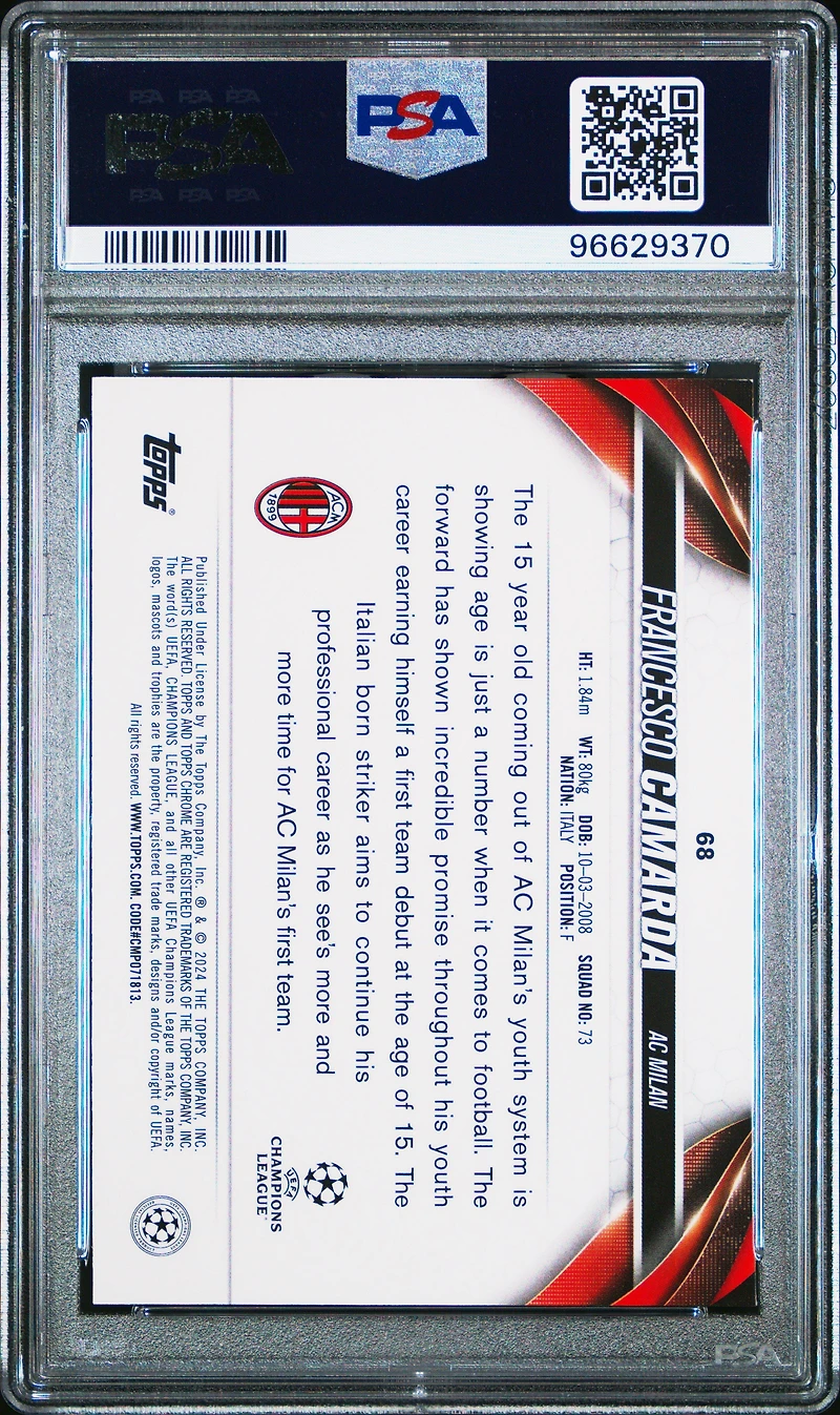 2023-24 Topps Chrome Uefa Club Competitions 68 Francesco Camarda PSA 10