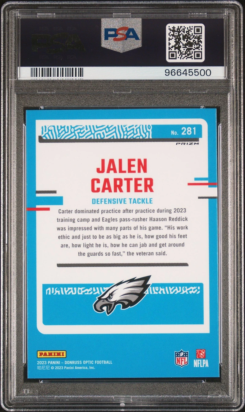 2023 Panini Donruss Optic 281 Jalen Carter Blue Glitter PSA 10