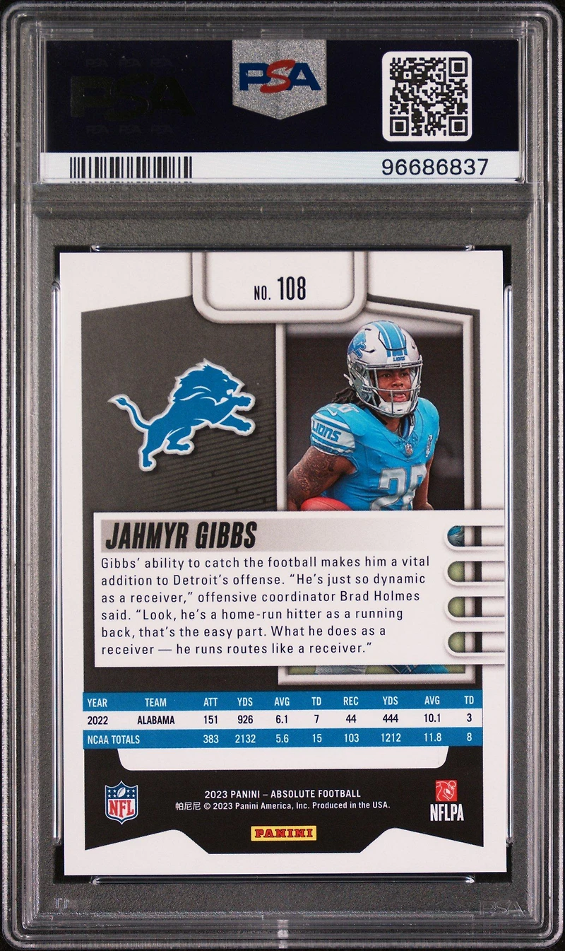2023 Panini Absolute 108 Jahmyr Gibbs Red Squares PSA 10