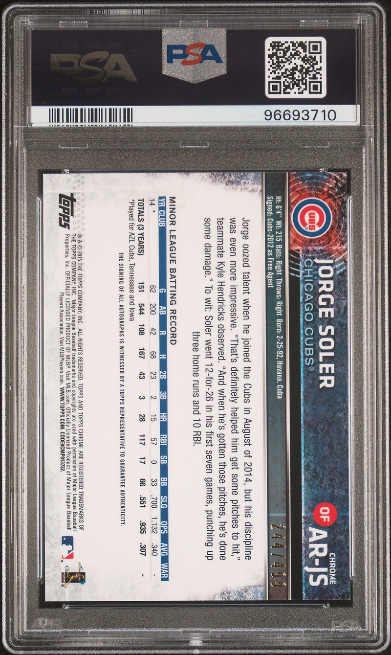2015 Topps Chrome Autograph Rookies Ar-js Jorge Soler Refractor PSA 9