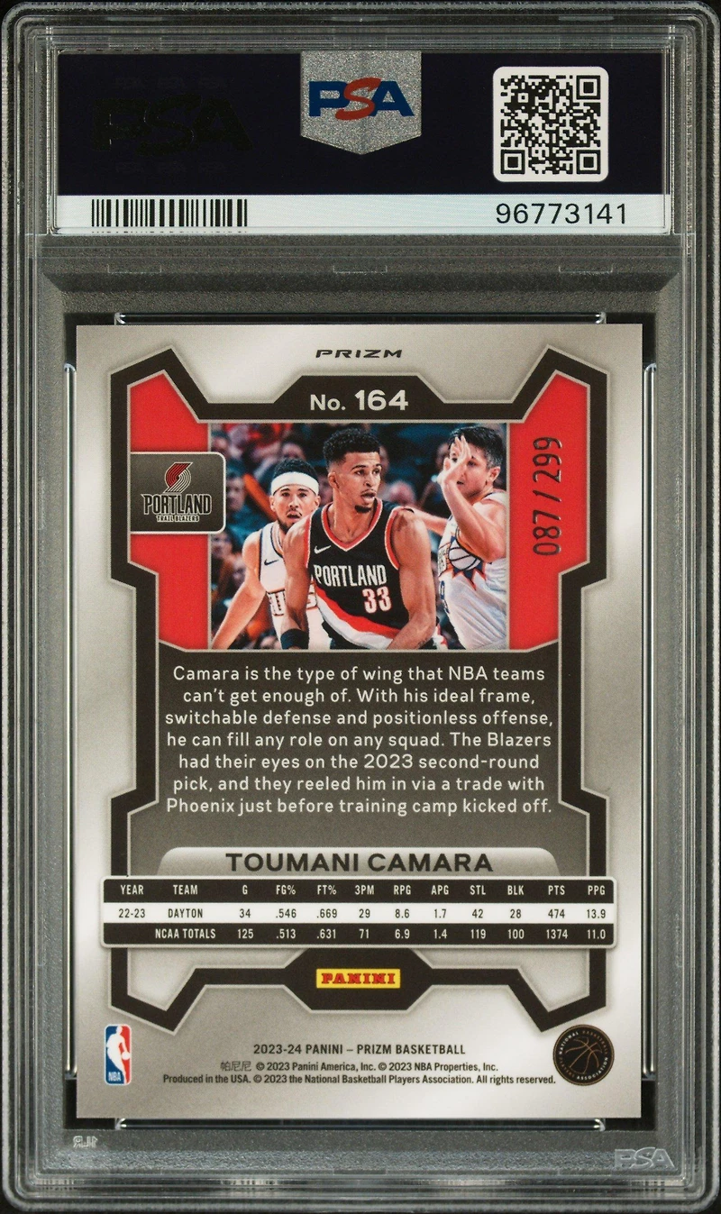 2023 Panini Prizm 164 Toumani Camara Red Seismic PSA 10