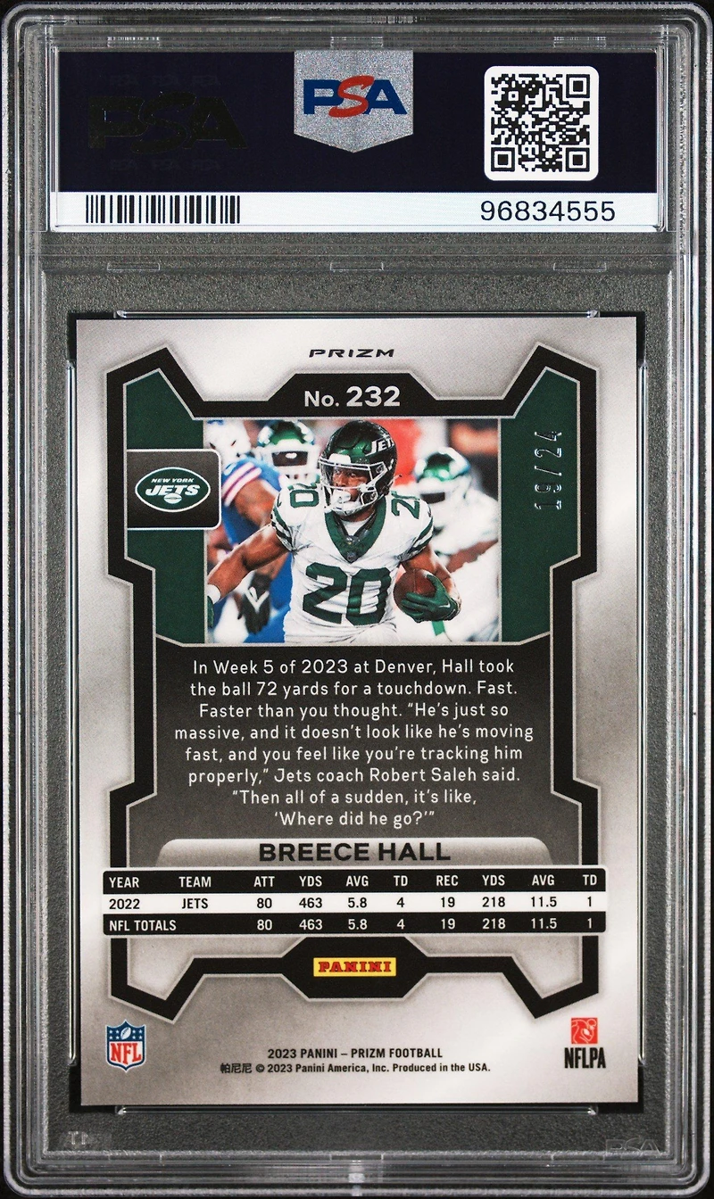2023 Panini Prizm 232 Breece Hall Gold Sparkle PSA 10