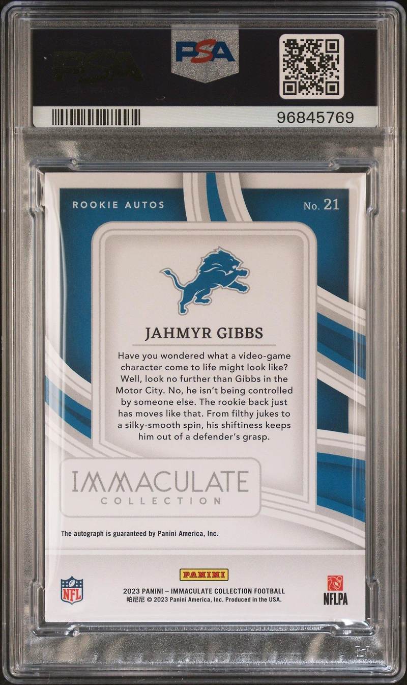 2023 Panini Immaculate Collection Rookie Autographs 21 Jahmyr Gibbs PSA 8