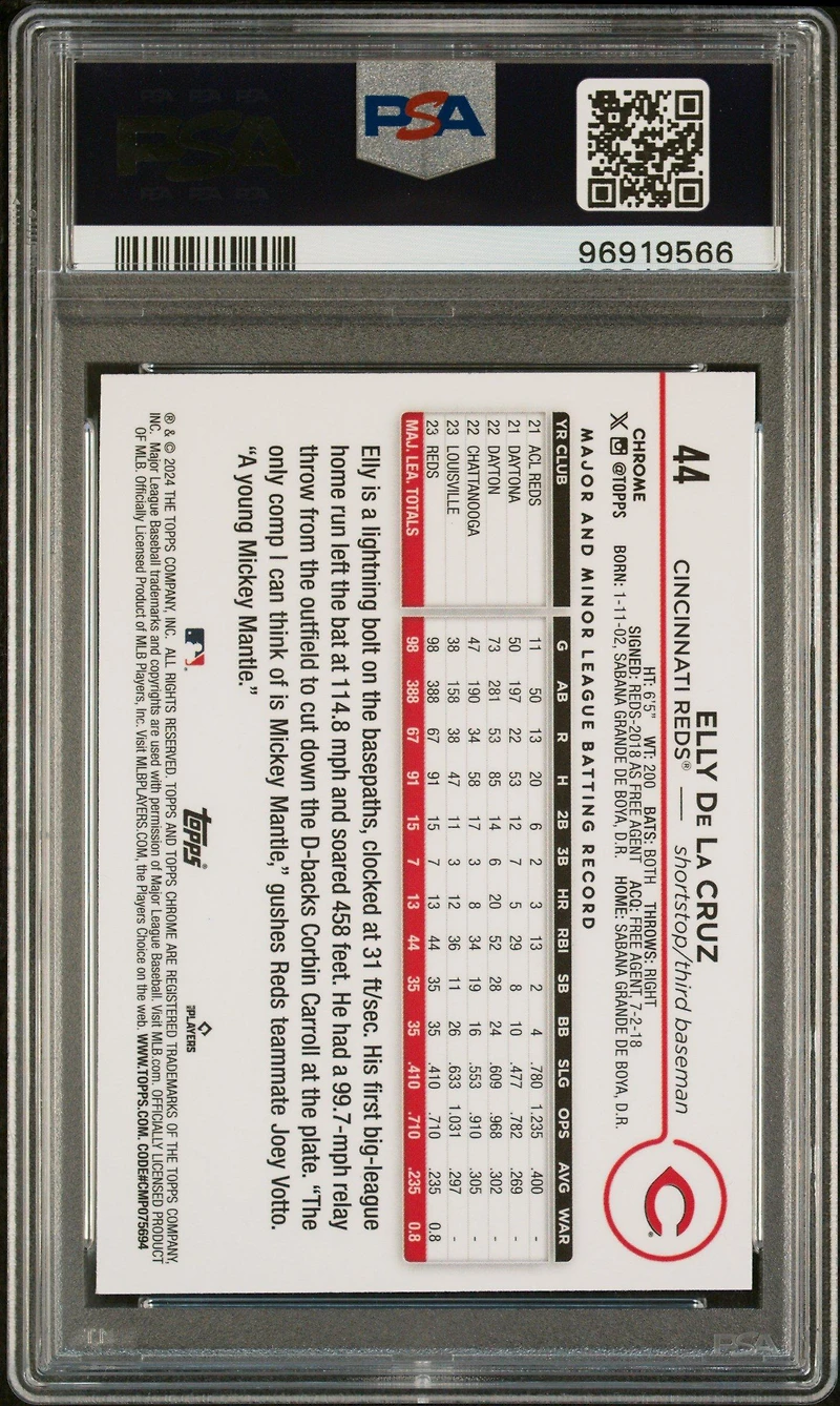 2024 Topps Chrome 44 Elly De La Cruz Pink Refractor PSA 9