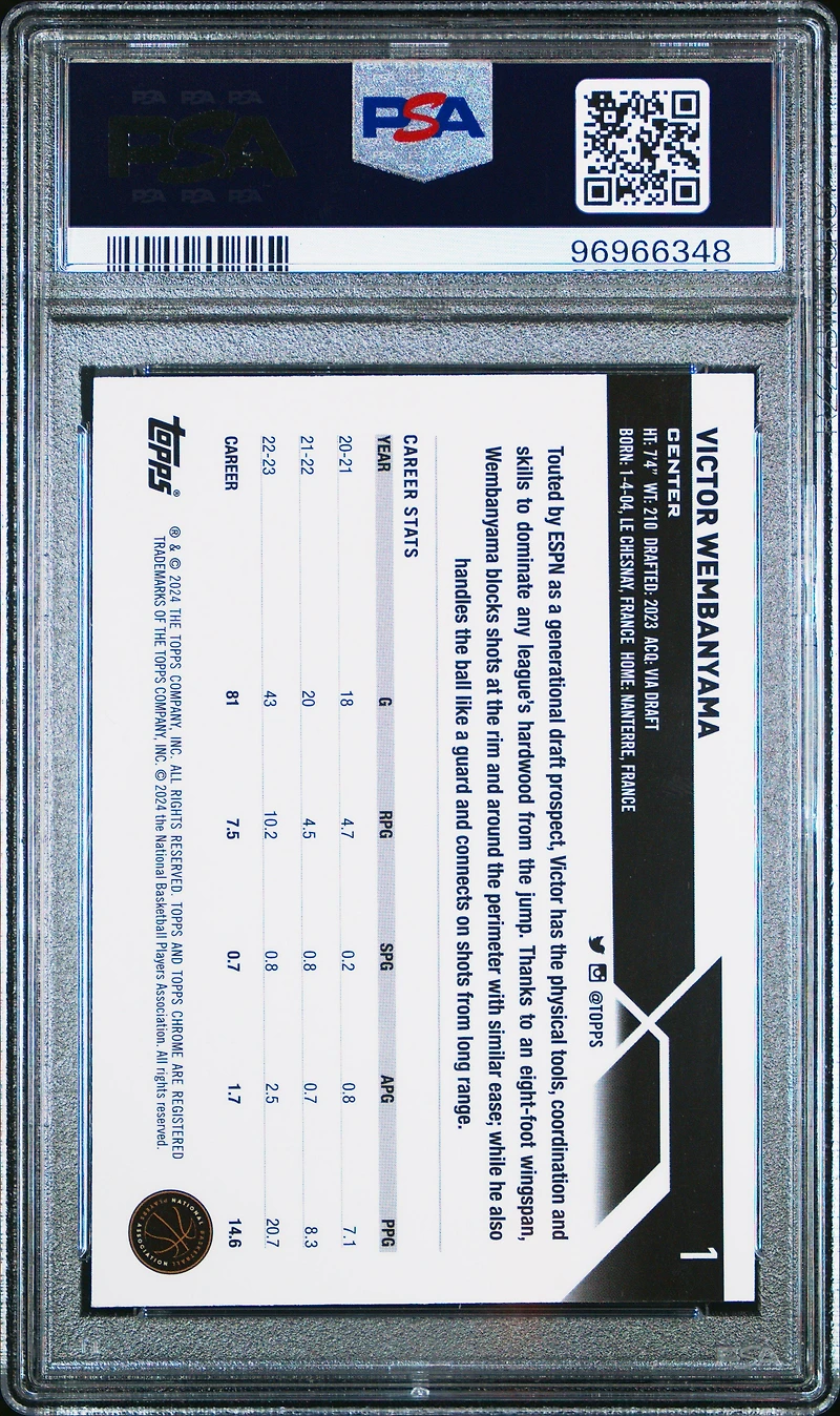 2023 Topps Chrome 1 Victor Wembanyama Negative Refractor PSA 9