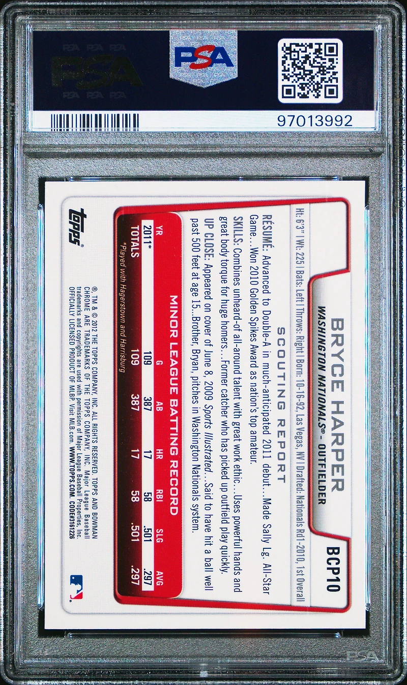 2012 Bowman Prospects Bcp10 Bryce Harper Chrome PSA 9