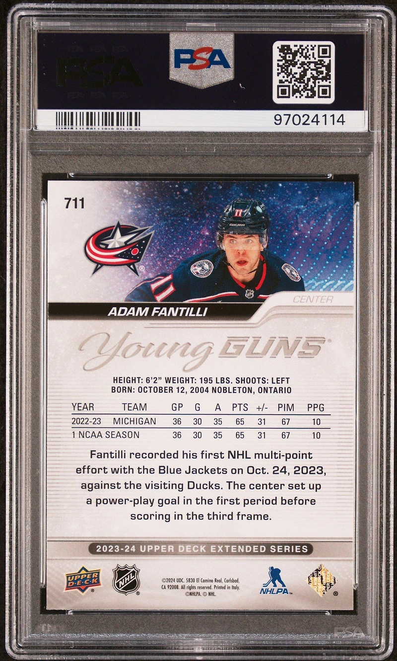 2023 Upper Deck 711 Adam Fantilli PSA 10