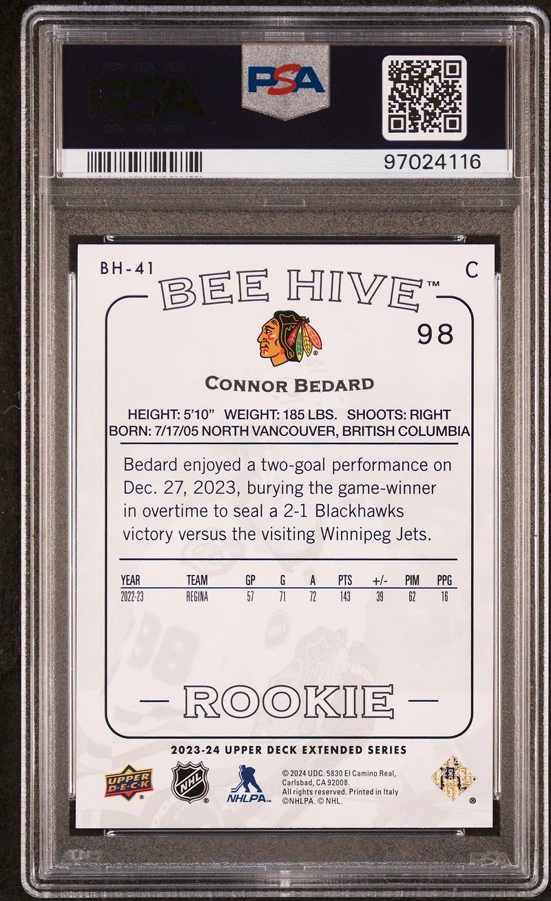 2023 Upper Deck Extended Series 2003-04 Beehive Bh41 Connor Bedard PSA 10