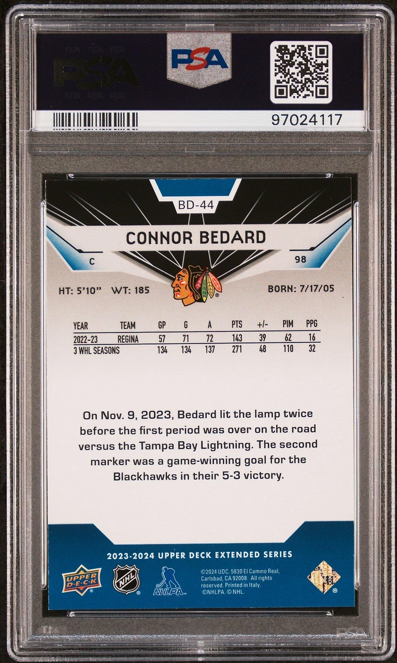 2023 Upper Deck Extended Series 2007-08 Black Diamond Retros Bd44 Connor Bedard PSA 9