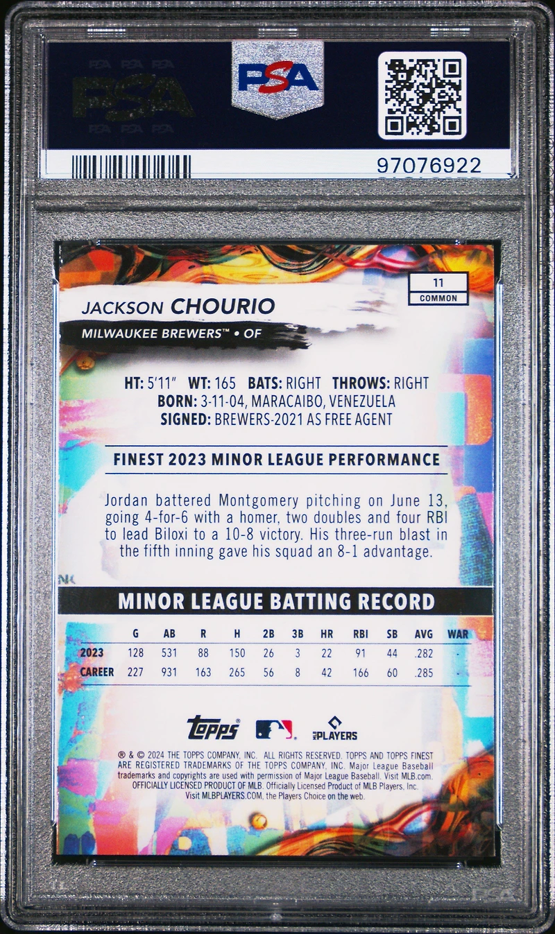 2024 Topps Finest 11 Jackson Chourio PSA 10