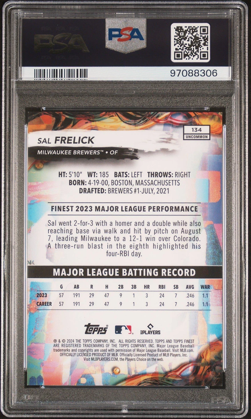 2024 Topps Finest 134 Sal Frelick Blue Refractor PSA 10