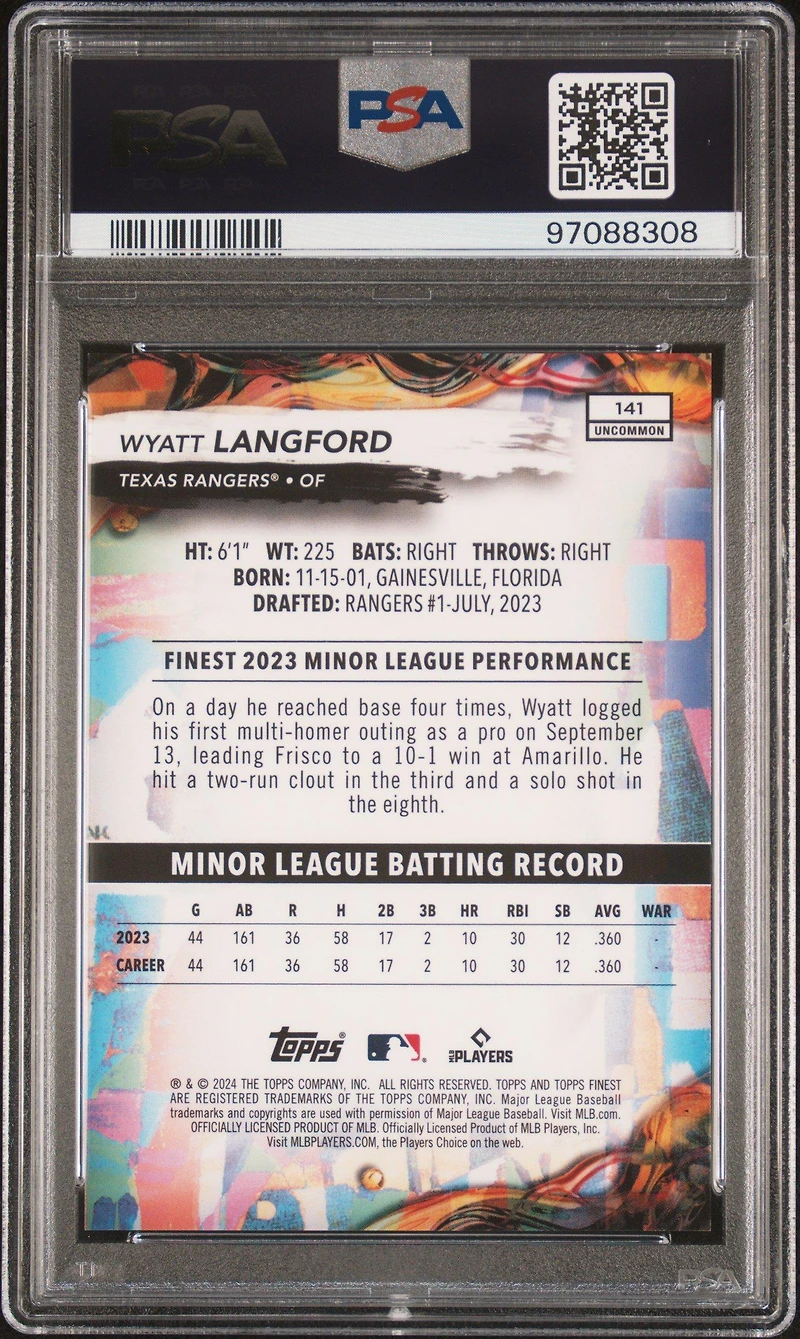 2024 Topps Finest 141 Wyatt Langford Purple Refractor PSA 10
