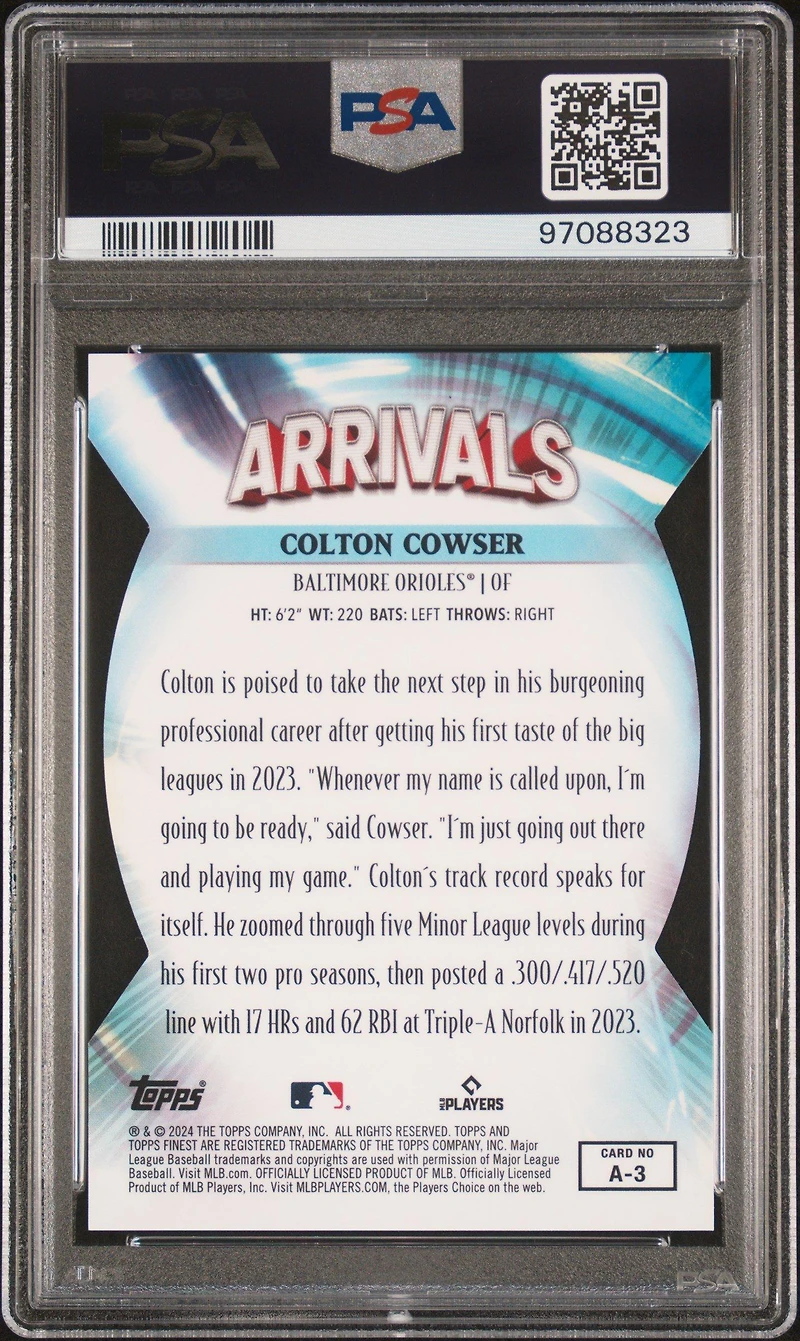 2024 Topps Finest Arrivals A3 Colton Cowser Orange Refractor PSA 10