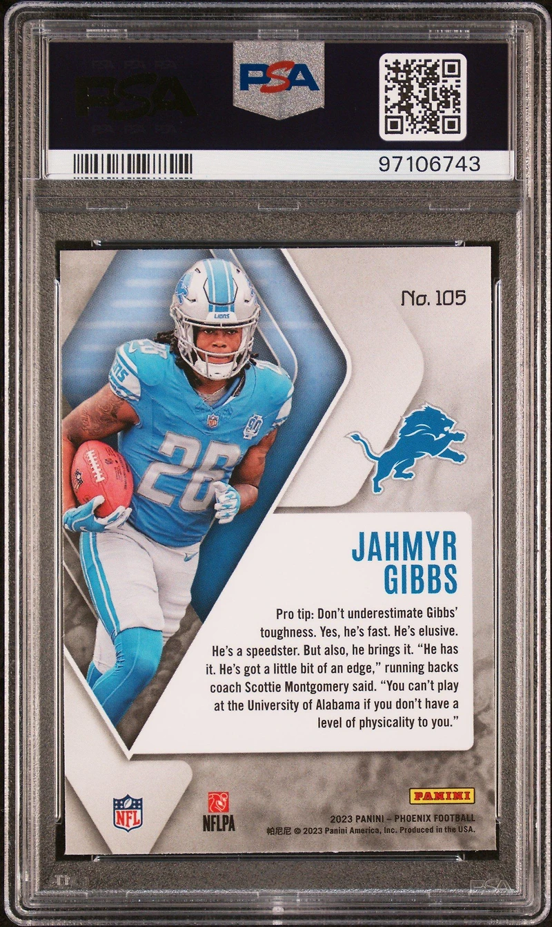 2023 Panini Phoenix 105 Jahmyr Gibbs PSA 10