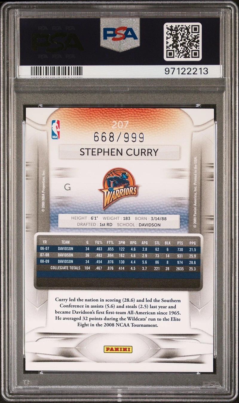 2009 Panini Prestige 207 Stephen Curry Draft Picks Light Blue PSA 9