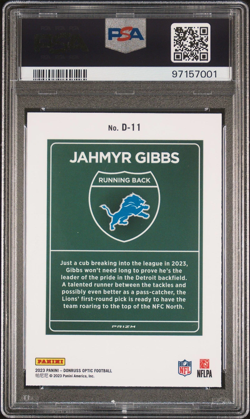 2023 Panini Donruss Optic Downtown! D11 Jahmyr Gibbs PSA 10