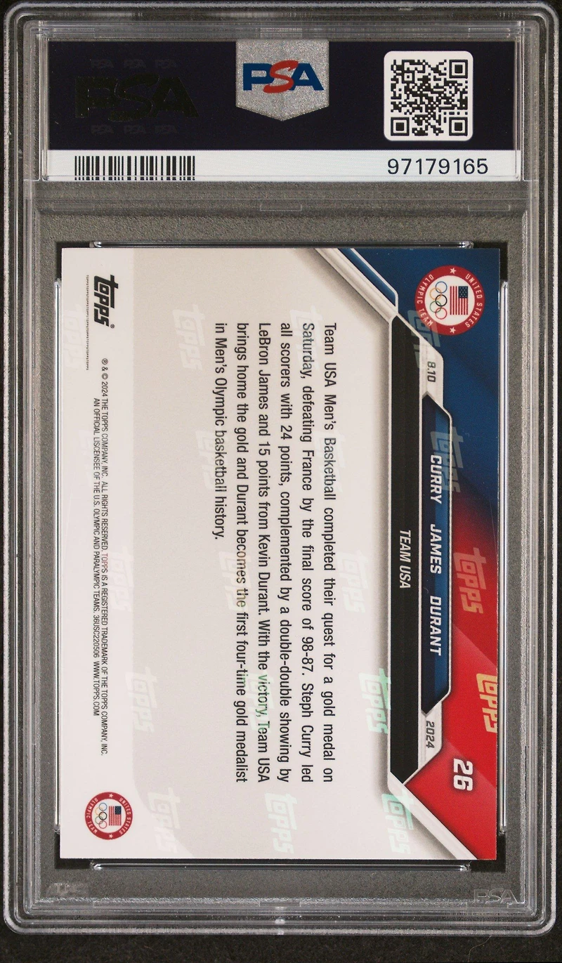 2024 Topps Now Olympic Games 26 Kevin Durant/lebron James/steph Curry PSA 10
